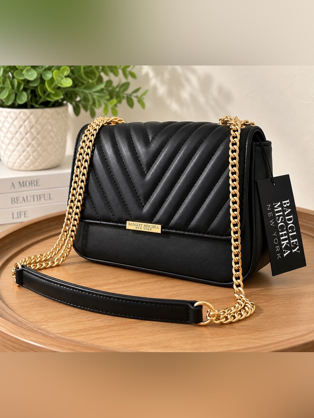 Badgley Mischka Black Quilted Shoulder Bag with Gold Chain